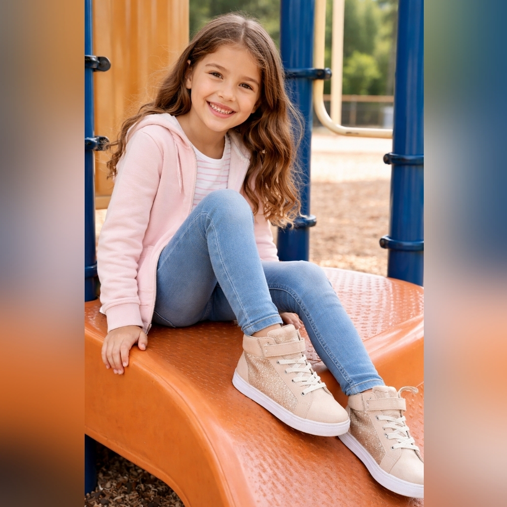 Children’s Place Girls Glitter High Top Sneakers Size 4 Beige Gold Sparkle